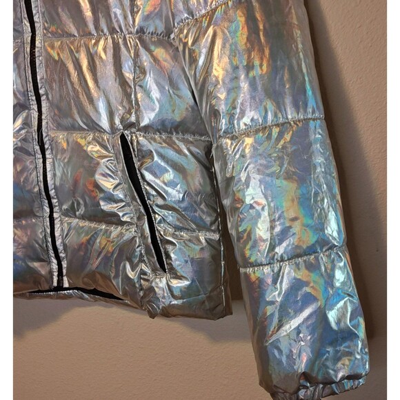 Forever 21 Jacket Womens Medium Silver Holographic Puffer Quilted Zip Pockets - Picture 4 of 13
